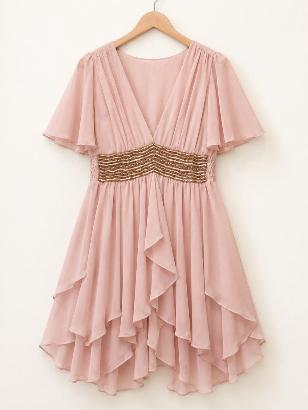 Chiffon Pink Sequin-Waist Women's Dress